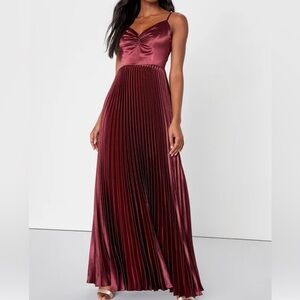 Lulus Exceptional Sophistication Burgundy Satin
Pleated Maxi Dress, NWT